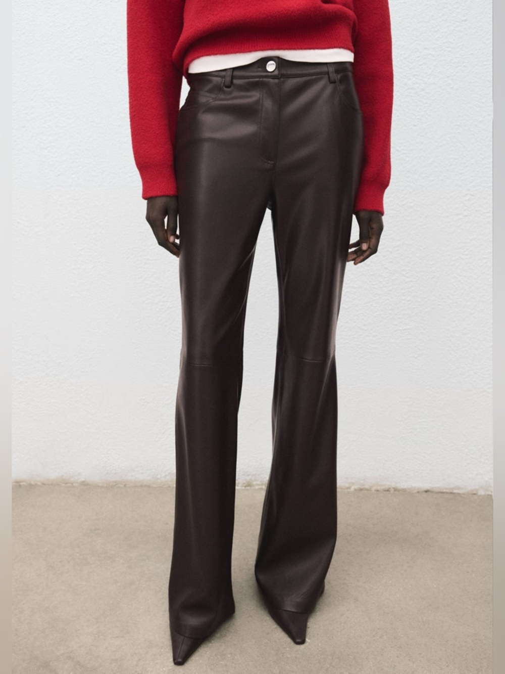 Mango Faux Leather Flared Trouser Pants‎ Size 4 Brown